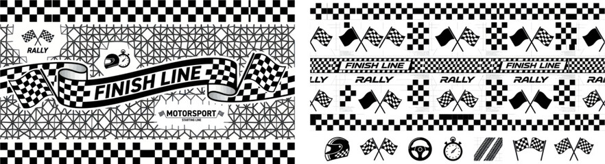 Racing checkered flag designs and icons on a patterned background © Umbreon