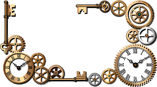 Steampunk border vector frame with brass gears clock faces and antique keys for vintage text templates