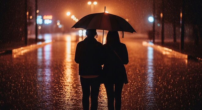 A romantic couple walking under an umbrella in the rain at night.