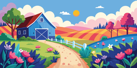 Fototapeta premium Blue barn in a colorful meadow with wildflowers and rolling hills under a bright yellow sun scene