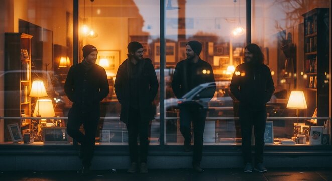 Group of four young men standing in front of a shop window at night.