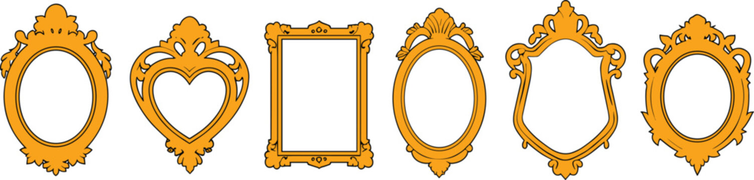 Vintage gold frames vector set featuring ornate baroque borders and heart shapes for elegant mirror templates