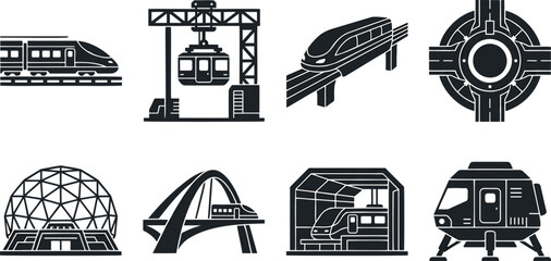 Modern Public Infrastructure and City Transportation Silhouette Icon Set with High Speed Train Monorail Cable Car Roundabout Bridge and Station Graphic Designs © BijoyChandra