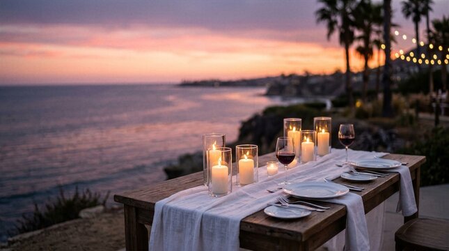 Romantic outdoor dinner setup with glowing candles and wine glasses on wooden table overlooking beautiful ocean sunset view.