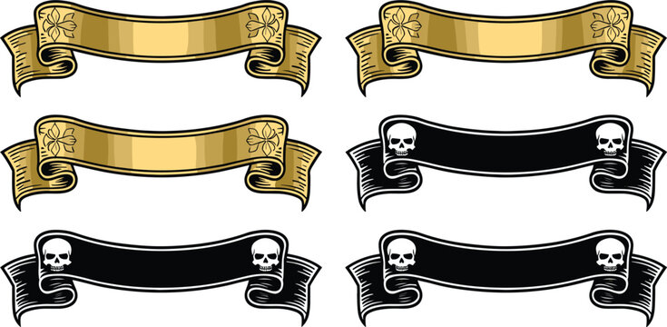 Vintage ribbon banners vector set featuring gold heraldic scrolls and black gothic skull design text templates