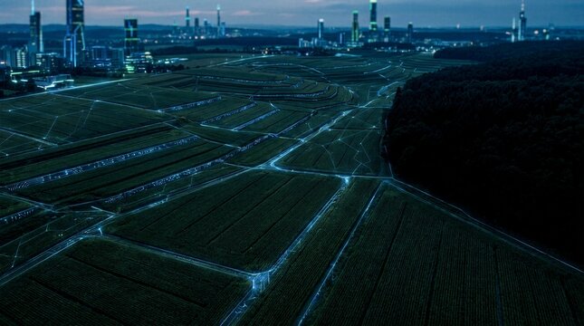 Aerial view of futuristic smart farm at night with illuminated digital network lines across crop fields, modern agriculture technology concept with city background.
