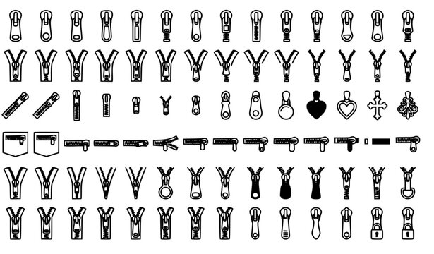 Zipper Icon Set with Open Closed Zip Fastener Outline and Solid Black Editable Vector Collection