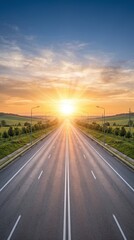 Obraz premium Open highway leading towards a bright radiant sunrise casting long shadows across the lanes