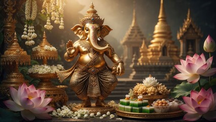 Fototapeta premium Intricate golden ganesh statue surrounded by traditional offerings and lotus flowers in a serene temple setting