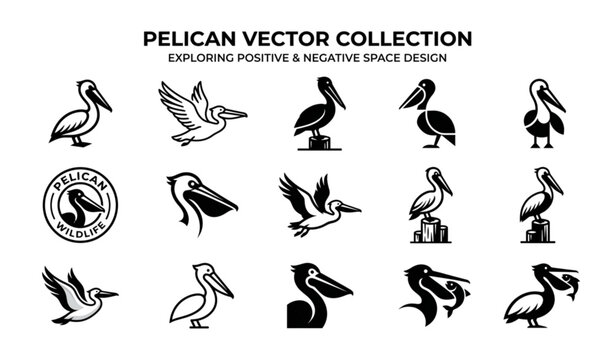 Minimalist Pelican Bird Icon Collection with Positive and Negative Space