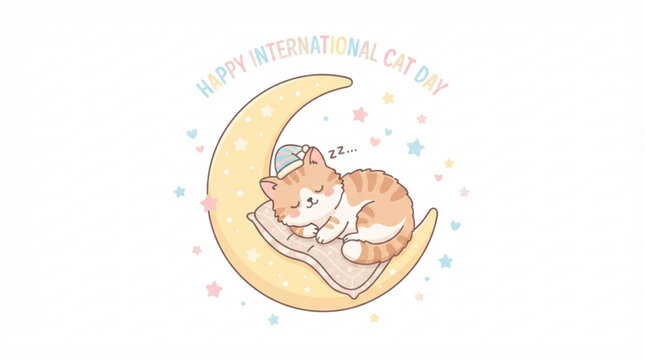 Adorable sleeping kitten wearing a nightcap on a crescent moon with stars with tabby cat sleeping