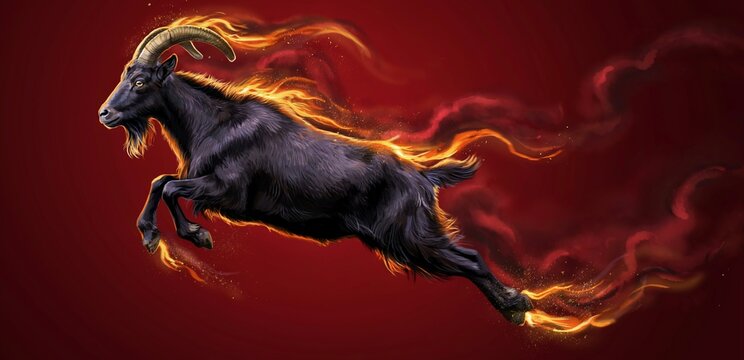 chinese New Year 2027 Powerful wild goat with large curved horns jumping in flames on dark red background