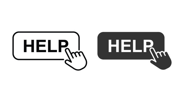 Help button icon with clicking hand cursor in outline and filled design for support assistance