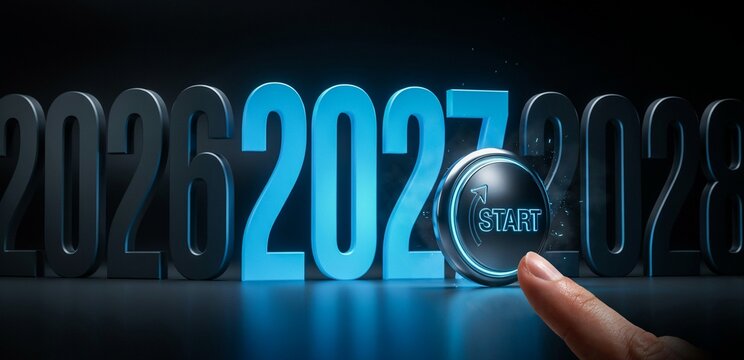 New year 2027 start button with hand pressing it on dark background