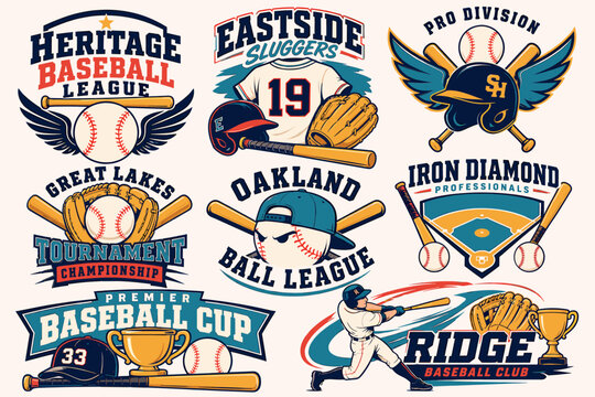 Collection of vintage baseball league and club logos, emblems, and sports illustrations.