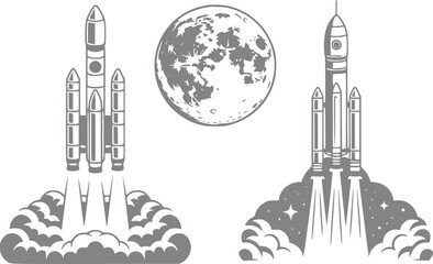 Two rockets launching towards the moon, space exploration concept © Stock Soul