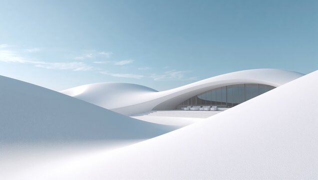 Smooth White Futuristic Architectural Landscape Under Serene Blue Sky.