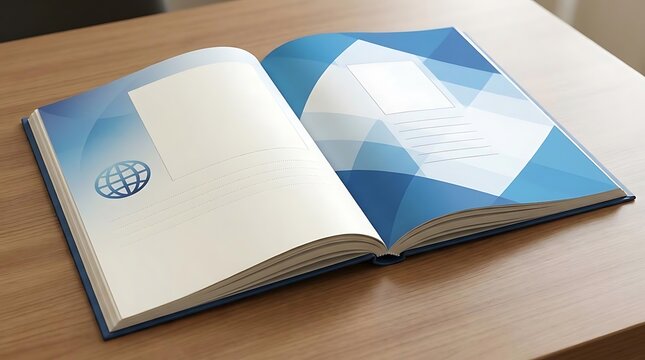 Open business report book with geometric blue design and globe icon