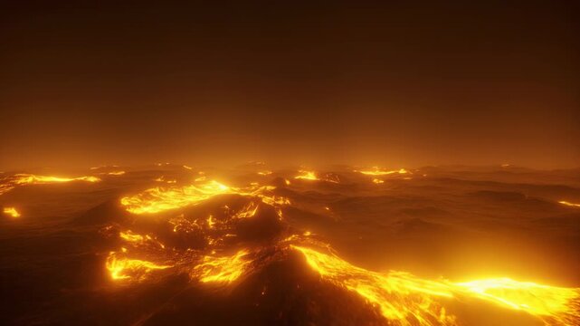 Streams of bright molten lava flow through deep fissures across a dark volcanic landscape creating intense orange glowing patterns under a thick smoky atmosphere at night