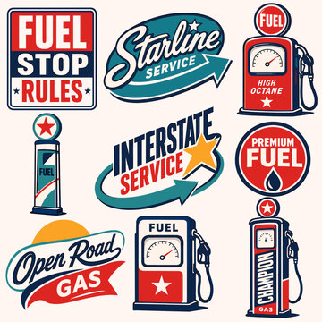 A collection of vintage-style gas station signs, fuel pumps, and service logos with a retro aesthetic.