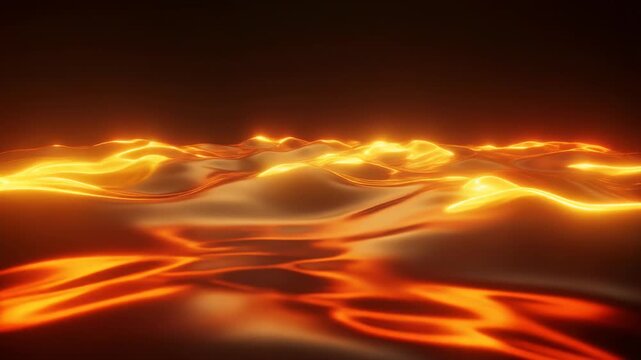 Abstract close view of molten lava in bright orange and yellow hues flowing across a dark surface with smooth rippling patterns in a digital 3d render of volcanic activity