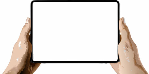 Two hands holding a rectangular tablet device with a blank white screen vector illustration digital electronic handheld © Titul