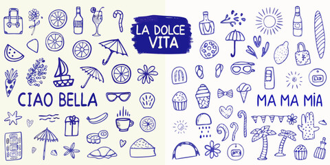 Hand Drawn Blue Doodles Featuring Italian Themes And Objects A Whimsical Vector Illustration sketch art culture travel © Titul