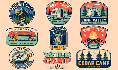 Naklejka premium A collection of nine vintage-style outdoor adventure and camping badges featuring mountains, tents, campfires, and exploration themes.