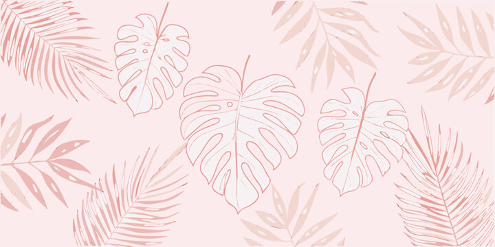 Tropical monstera and palm leaf pattern a delicate rose gold vector illustration on a pale pink background