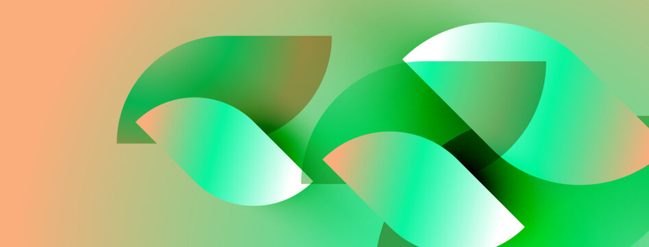 Abstract shapes blend vibrant greens, oranges. Smooth gradients create flowing forms, modern aesthetic. Minimalist design evokes calm energy.