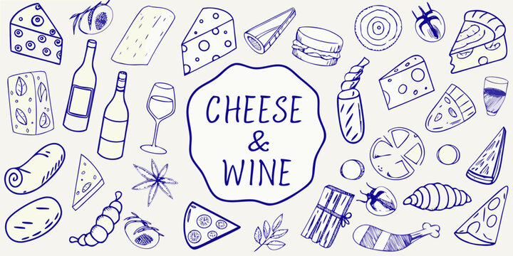 Hand drawn blue culinary doodle set featuring cheese wine and various food items on a light background