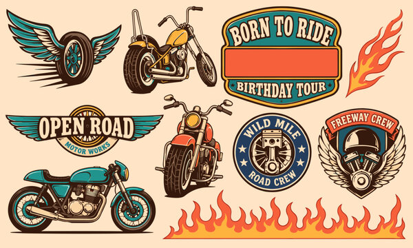 Collection of vintage motorcycle-themed emblems and illustrations, featuring bikes, wheels, helmets, flames, and text badges for riders and road crews.