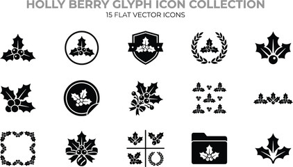 Set of fifteen black holly berry glyph icons with leaves for christmas and winter holiday design projects in flat style © VECTOR Files