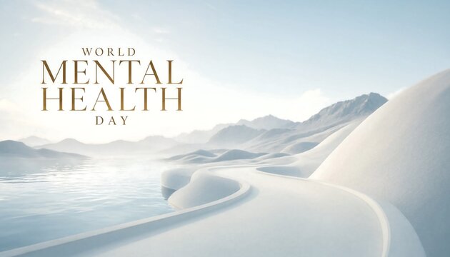 World mental health day conceptual text on winding snowy path with awareness wellness mountain landscape peaceful wellbeing psychology mindfulness typography template progress mentalhealth