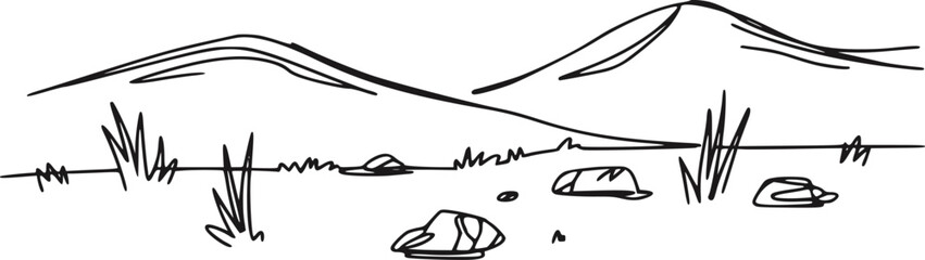 なだらかな丘、草、岩のある風景のシンプルなイラスト © Stock Soul