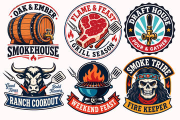 Naklejka premium A collection of six vintage-style logo designs for smokehouses, grill seasons, draft houses, ranch cookouts, and barbecue feasts, featuring barrels, steaks, beer taps, bulls, grills, and skulls.
