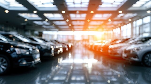 Blurred showroom with rows of vehicles bathed in warm sunlight