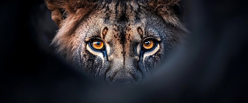 Lion's intense gaze in the dark