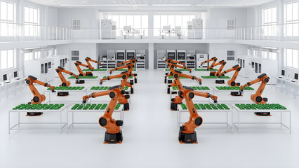 Obraz premium Modern Industrial Smart Factory Featuring Multiple Robotic Arms Performing Automated Assembly Line Tasks in a Clean Tech Facility