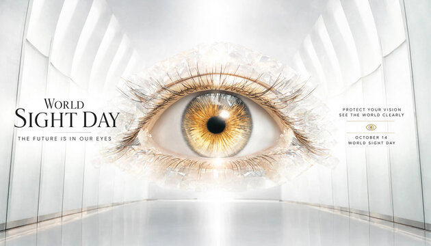 World sight day concept with golden human eye inside modern hall ophthalmology awareness perspective architecture optometry treatment biometric prevention hospital minimalist futuristic