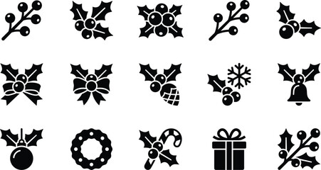 Set of black and white christmas holly berry icons with festive holiday decorations and winter season elements for design © VECTOR Files