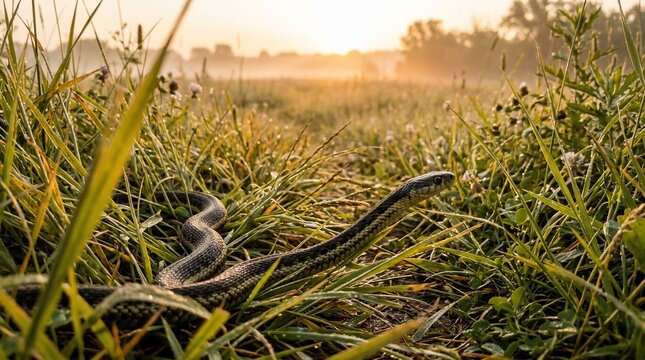 A wild garter snake slithering through the wet grass at sunrise.