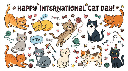 Fototapeta premium Happy International Cat Day illustration a collection of cute cartoon cats playing and sleeping perfect for greeting cards and social media
