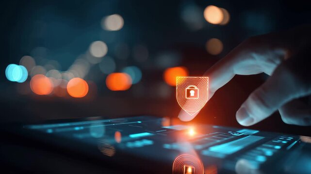 Futuristic digital security concept with glowing fingerprint and lock icon on touchscreen interface