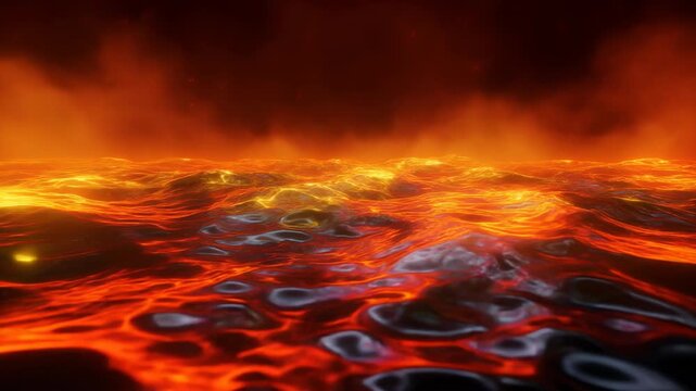 Molten orange lava flows across a dark volcanic surface with glowing cracks and circular cooling formations