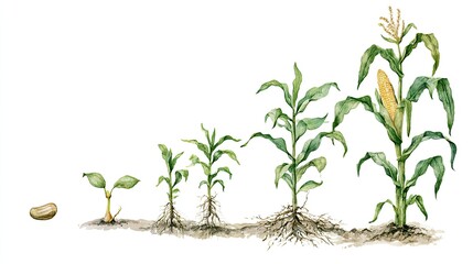 Obraz premium Watercolor progression of corn growth from seed to mature plant