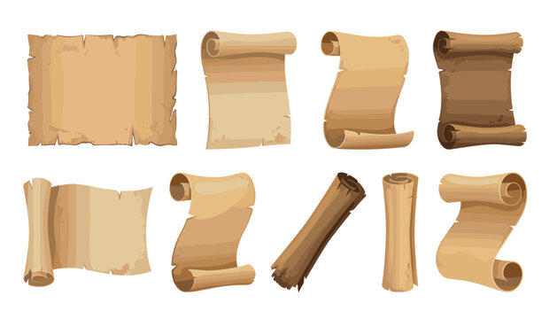 Ancient paper scroll and old parchment vector cartoon set. Antique manuscript sheet, rolled papyrus document, weathered texture page, blank diploma, vintage letter and pirate map elements.