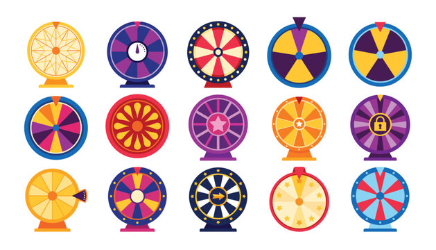 Lucky spin wheel of fortune flat vector illustration set. Casino roulette, jackpot prize draw, colorful gambling circle, lottery game layout, arcade bonus and mobile gaming UI elements.