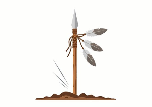 Tribal Ancient Weapon with Feathers Standing Proudly in Earthy Ground Representing Historical Hunting Tools and Indigenous Culture Symbolism for Creative Projects and Educational Content