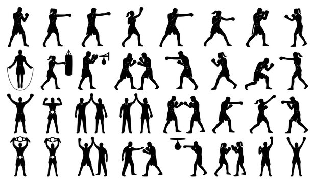 Group of Male and Female Boxing Silhouette Vector Set with Boxing Action Poses
